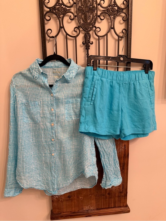 Lilly Pulitzer Tops - Lilly Pulitzer Turquoise Button-Down linen gingham Shirt and shorts set
